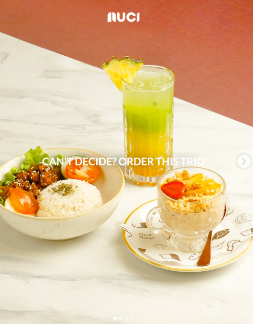 Rice bowl, minuman buah, dan oats
